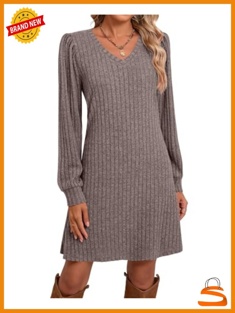 Ficerd Women's V-Neck Long Sleeve Sweater Dress Above Knee Casual Fall